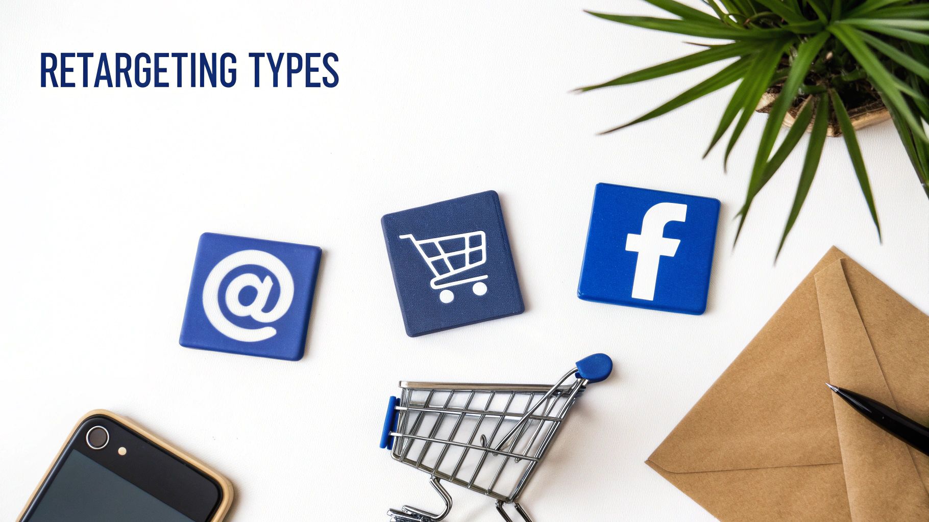 What Is Retargeting Advertising and How Does It Work 2 Digital marketing icons for retargeting types, including email, shopping cart, and social media.