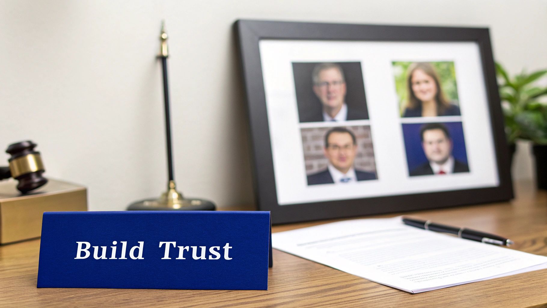 A desktop scene featuring a 'Build Trust' sign, a gavel, framed professional portraits, and business documents.
