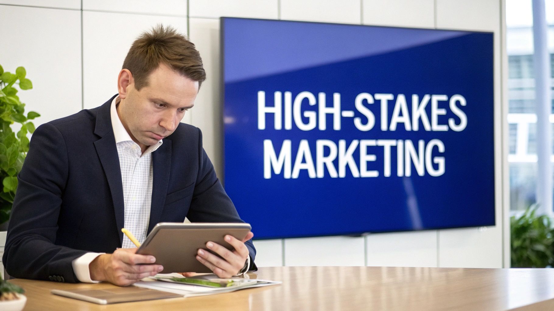 Winning Cases with Personal Injury Law Marketing 1 A man in a suit intensely uses a tablet at a desk, with a 'HIGH-STAKES MARKETING' screen in the background.