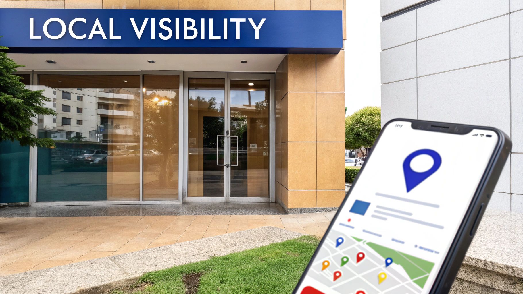 A building sign says 'LOCAL VISIBILITY' while a smartphone displays a map with a prominent location pin, symbolizing local business marketing.