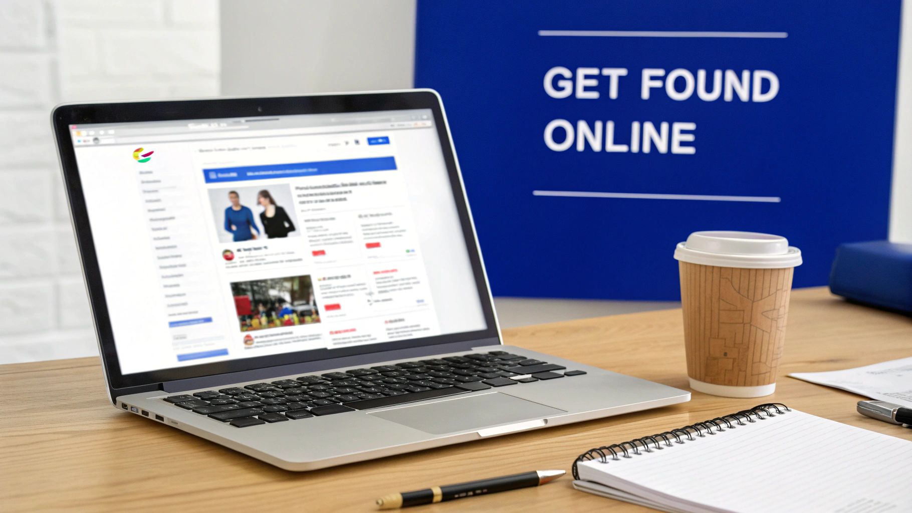 Laptop on a desk showing a social media site, coffee cup, and 'GET FOUND ONLINE' sign.