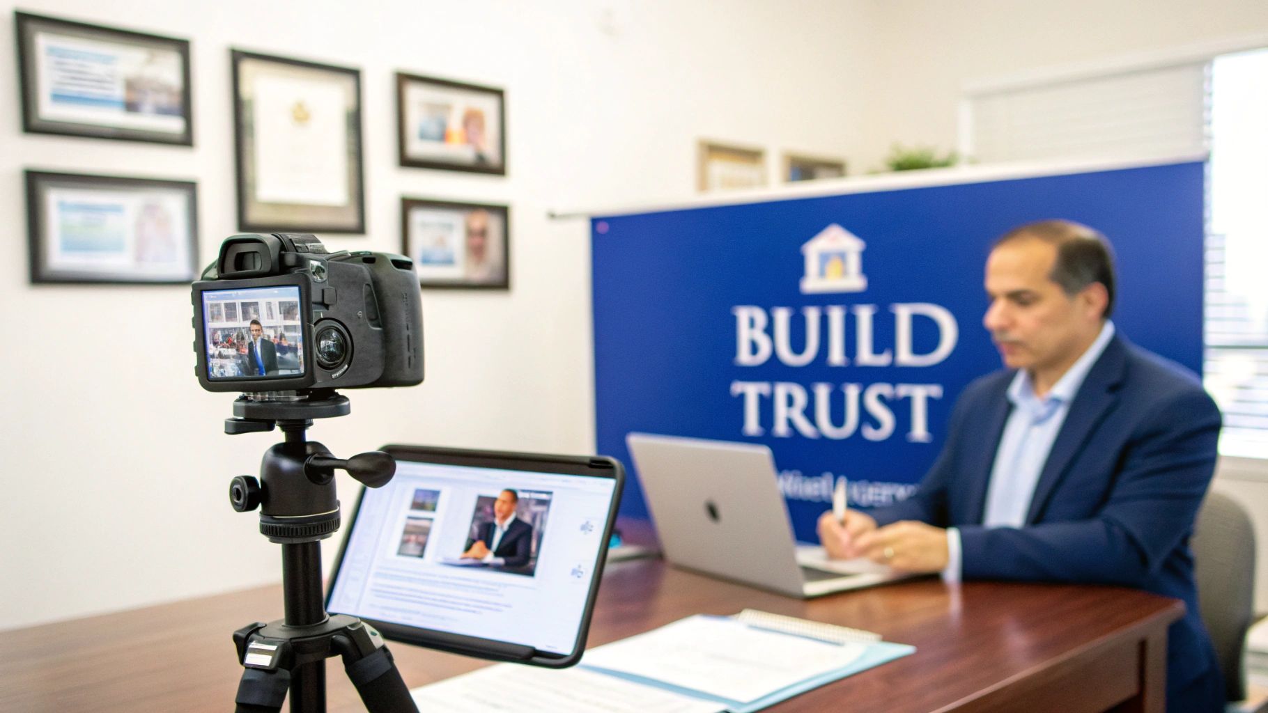 A camera on a tripod records a man working on a laptop with a 'Build Trust' banner.