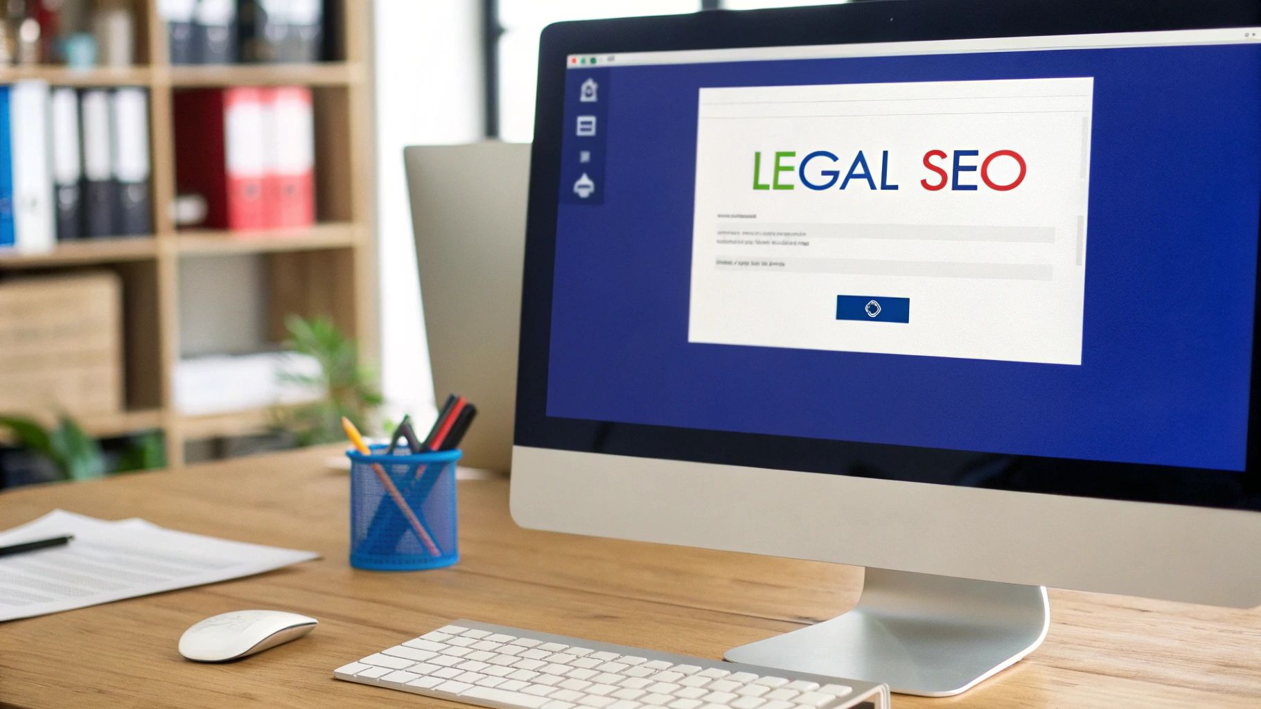 An illustration of a law firm's website ranking at the top of Google search results, symbolizing SEO success.