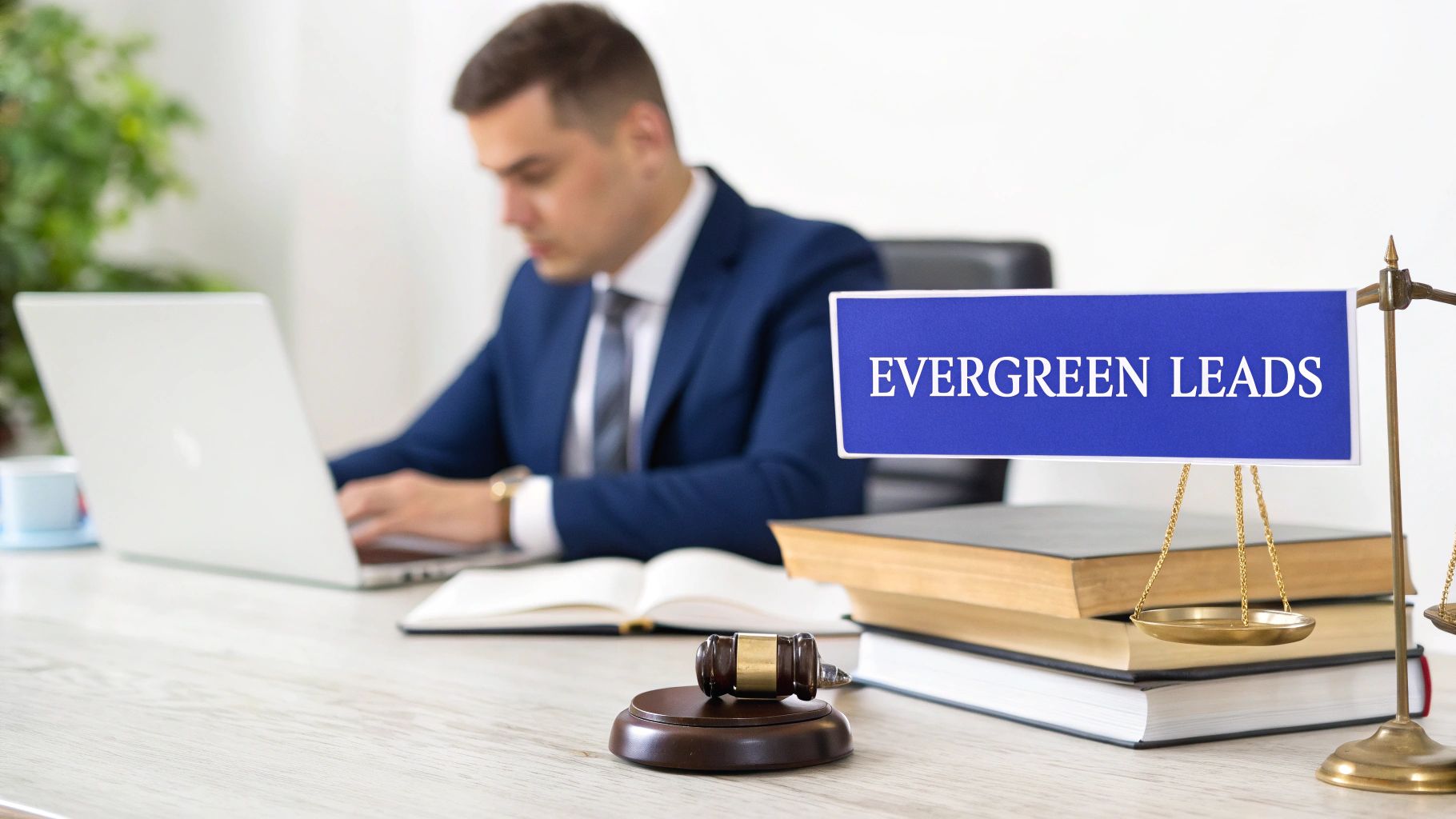 A lawyer works at a desk with a laptop, gavel, and scales of justice, displaying an 'EVERGREEN LEADS' sign.