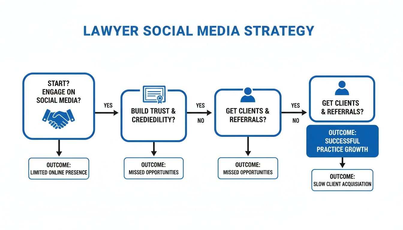 Flowchart illustrating a lawyer social media strategy for building trust, getting clients, and achieving successful practice growth.