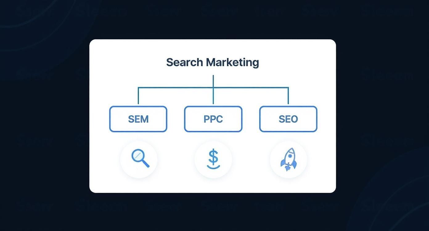 SEM for Lawyers a Guide to Winning Clients 1 Diagram illustrating Search Marketing's main components: SEM, PPC (Pay-Per-Click), and SEO (Search Engine Optimization) with icons.