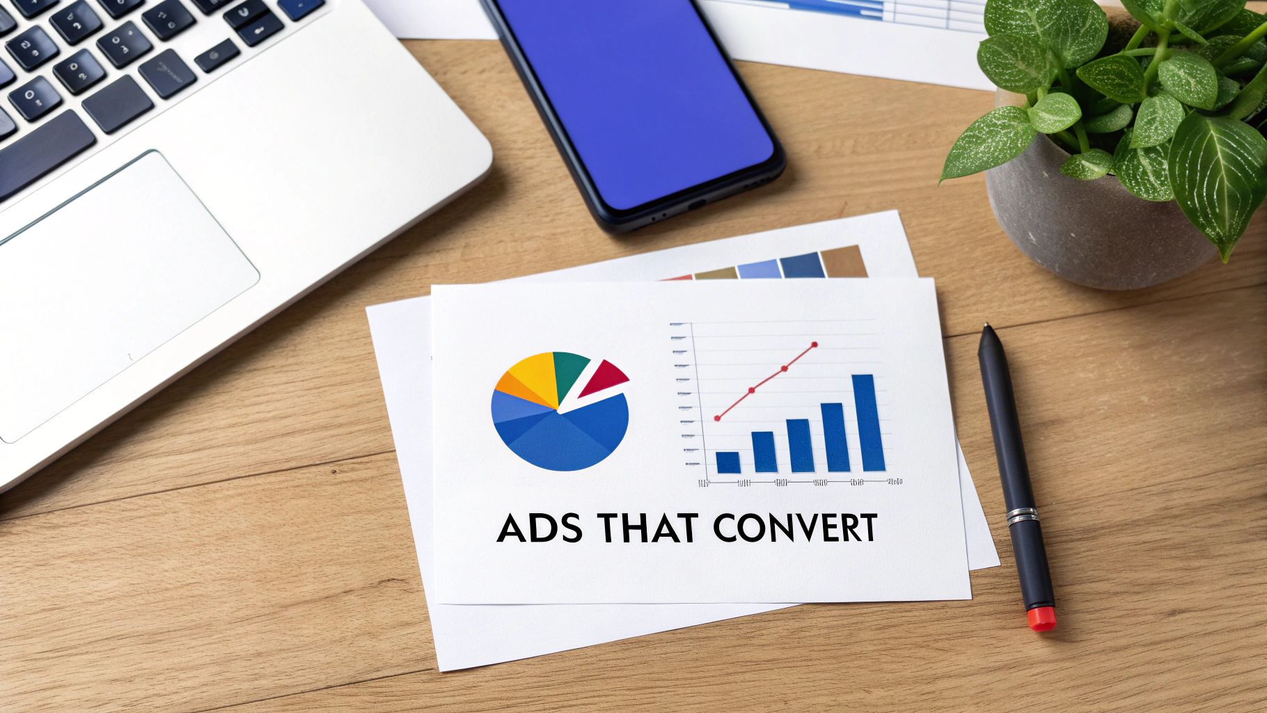 Desk flat lay with laptop, smartphone, plant, and papers showing charts and 'ADS THAT CONVERT'.