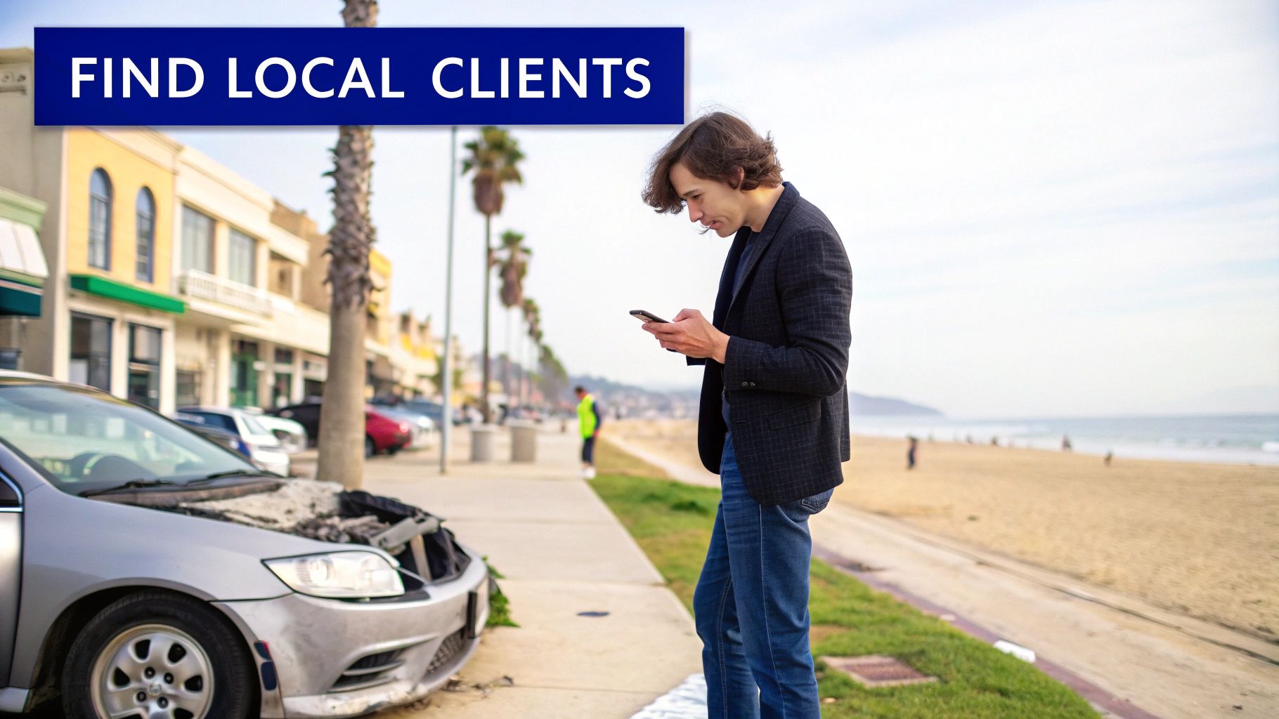 A man checks his phone near a damaged car on a coastal street, with a banner saying 'FIND LOCAL CLIENTS'.