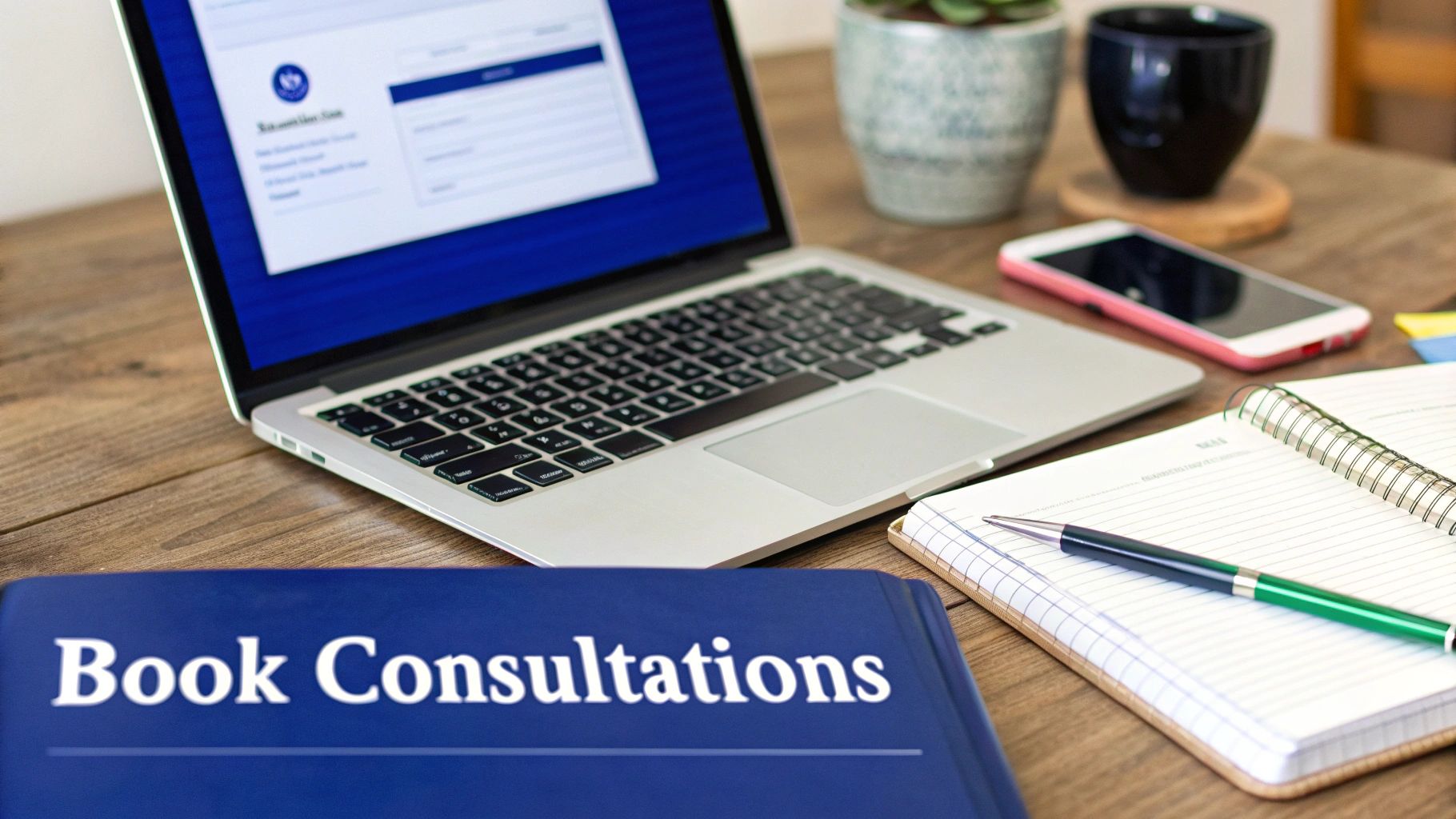 Work desk with a laptop, 'Book Consultations' folder, smartphone, and spiral notebook.