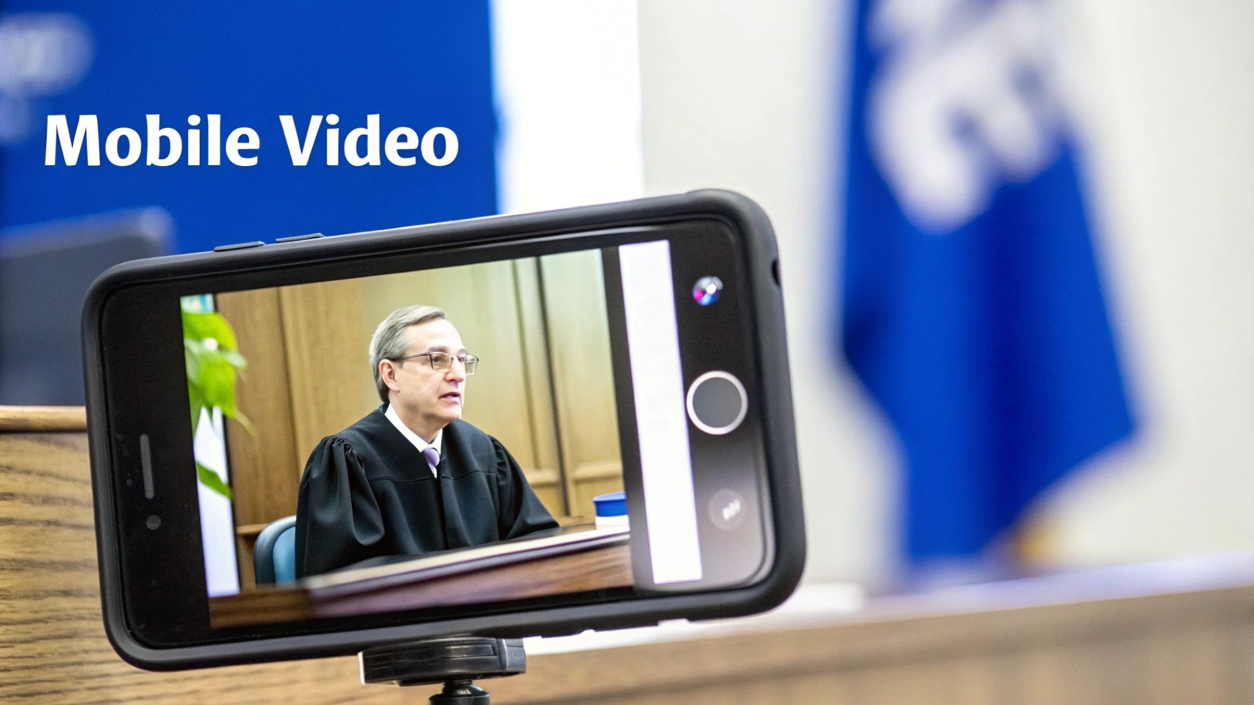 A smartphone records a judge in a courtroom, displaying 'Mobile Video' on a blue background.