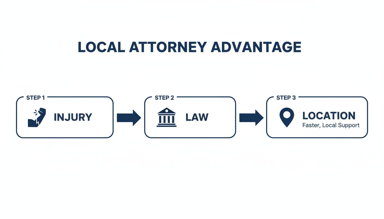 A three-step diagram illustrating the local attorney advantage: injury, law, and location for faster local support.