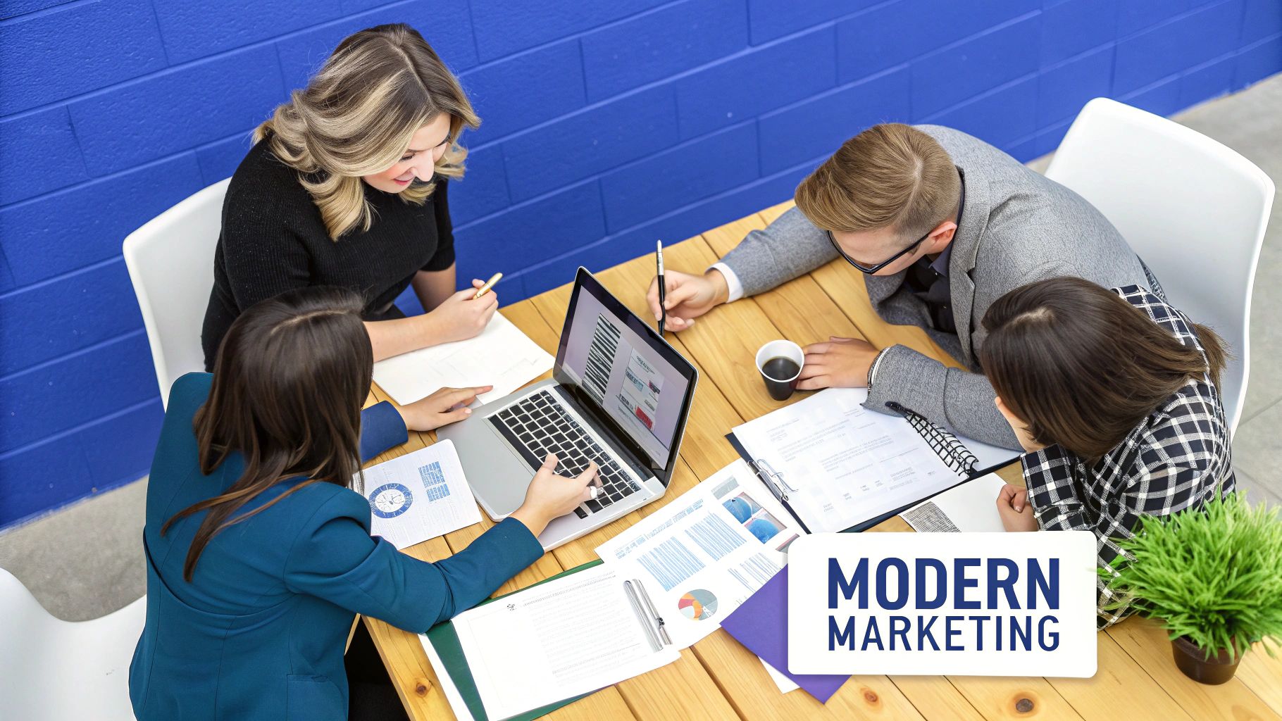 A modern office desk with a laptop displaying charts and graphs, representing a shift to digital marketing strategies.