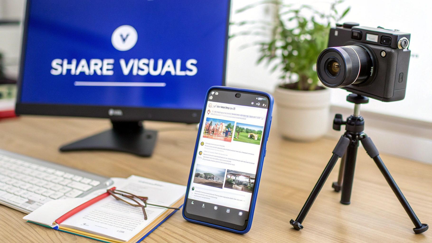 A desk setup featuring a monitor displaying 'SHARE VISUALS', a smartphone, and a camera on a tripod.