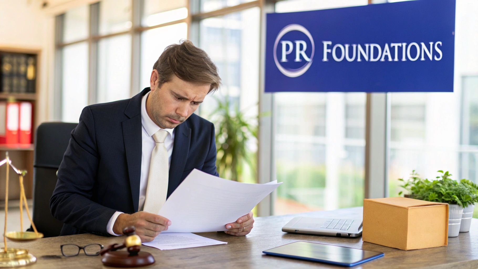 Public Relations for Law Firms A Strategic Guide 1 A group of lawyers discussing public relations strategies in a modern office.