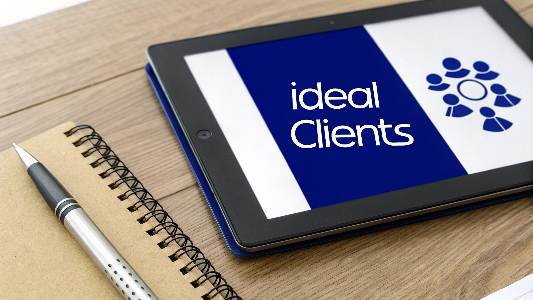 A tablet on a wooden desk displays 'ideal Clients' and a group icon, alongside a spiral notebook and pen.