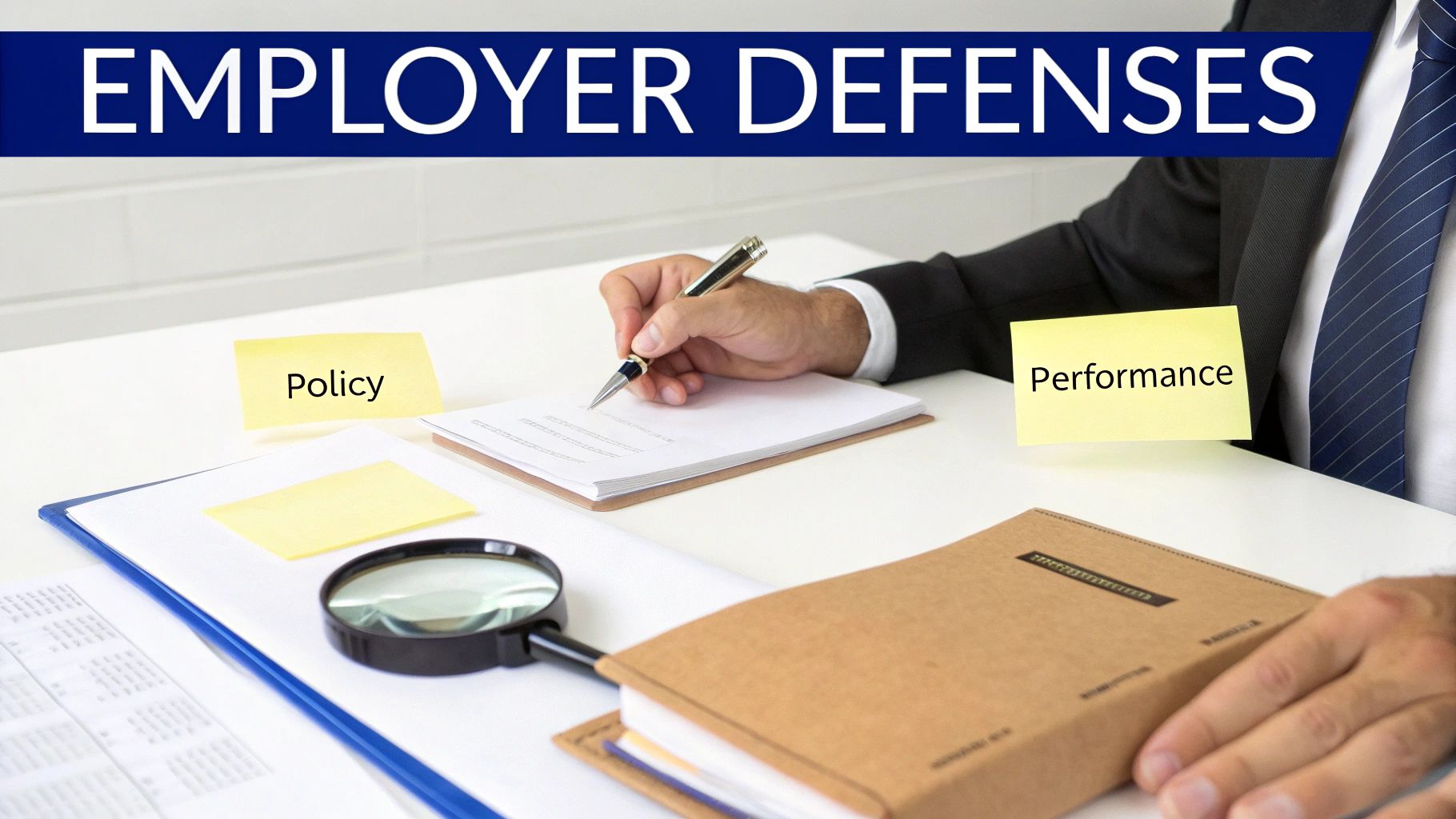 A person signing documents at a desk with 'Employer Defenses' banner and sticky notes 'Policy', 'Performance'.