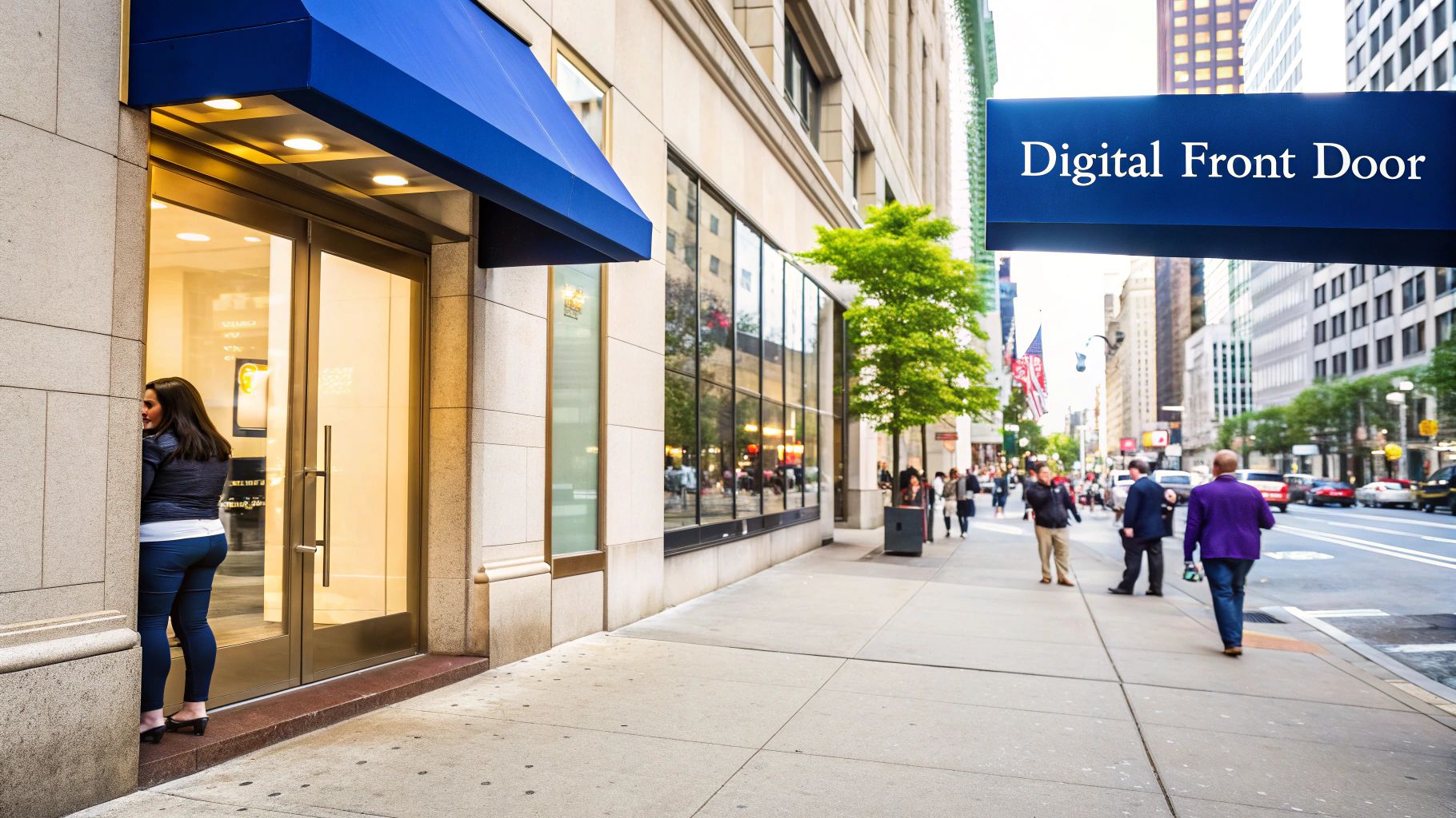 A woman stands by a modern building entrance with a blue awning, facing a busy city street and a 'Digital Front Door' sign.
