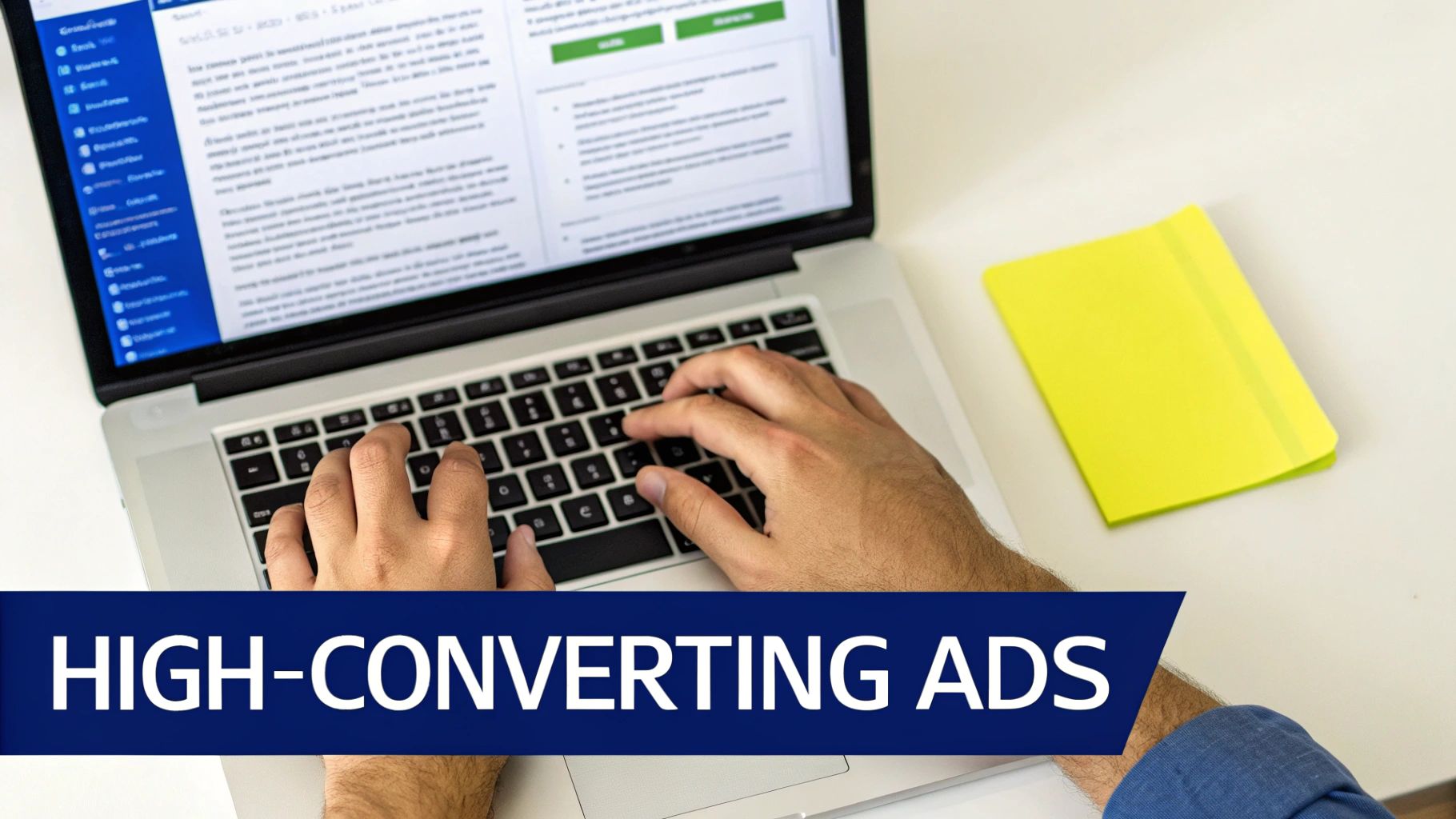 A person typing on a laptop with a lightbulb graphic, representing creative ad copywriting.