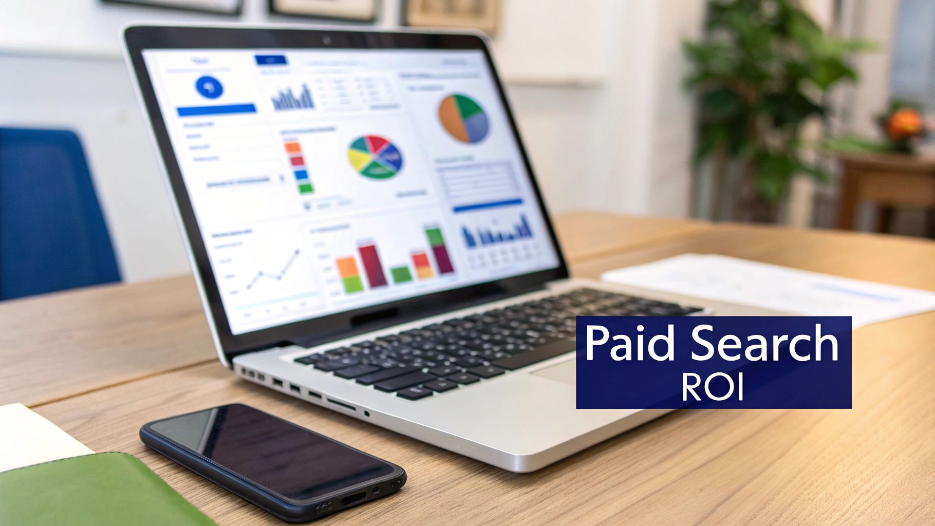 Laptop displaying marketing data, charts, and graphs with a 'Paid Search ROI' text overlay on a wooden desk.