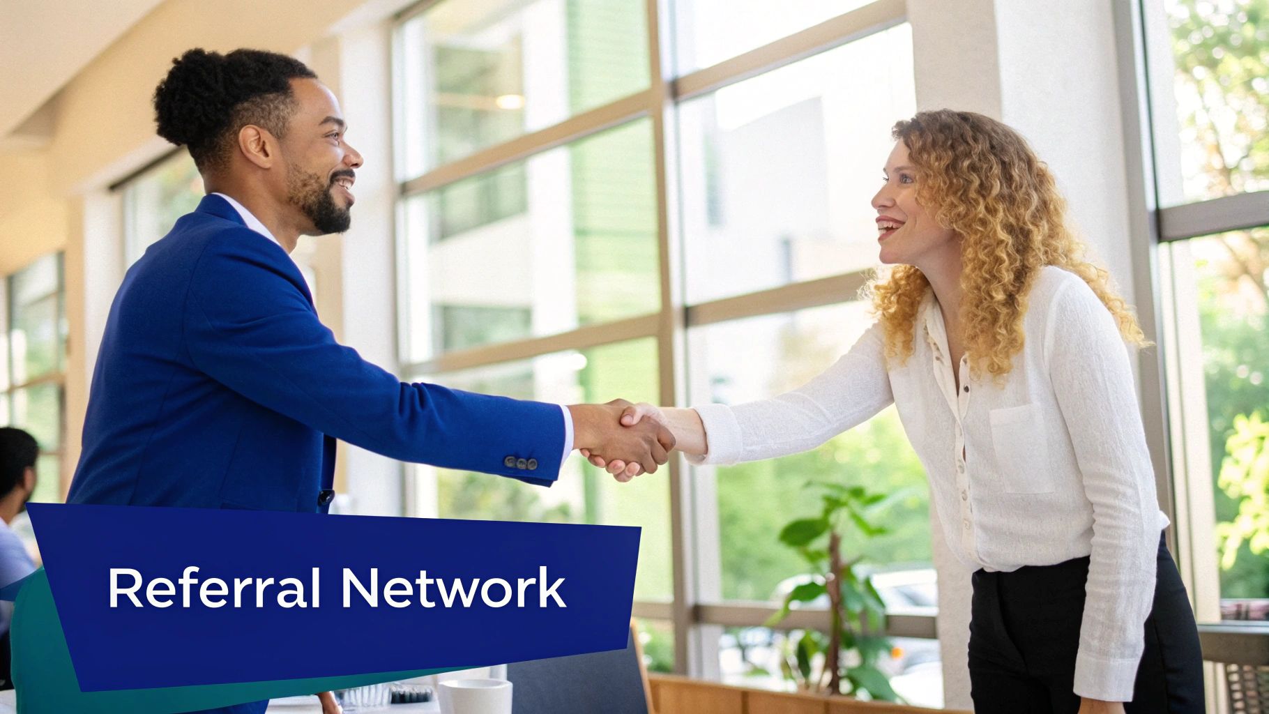 A group of professionals, including a lawyer, chiropractor, and auto mechanic, shaking hands, representing a strong referral network.
