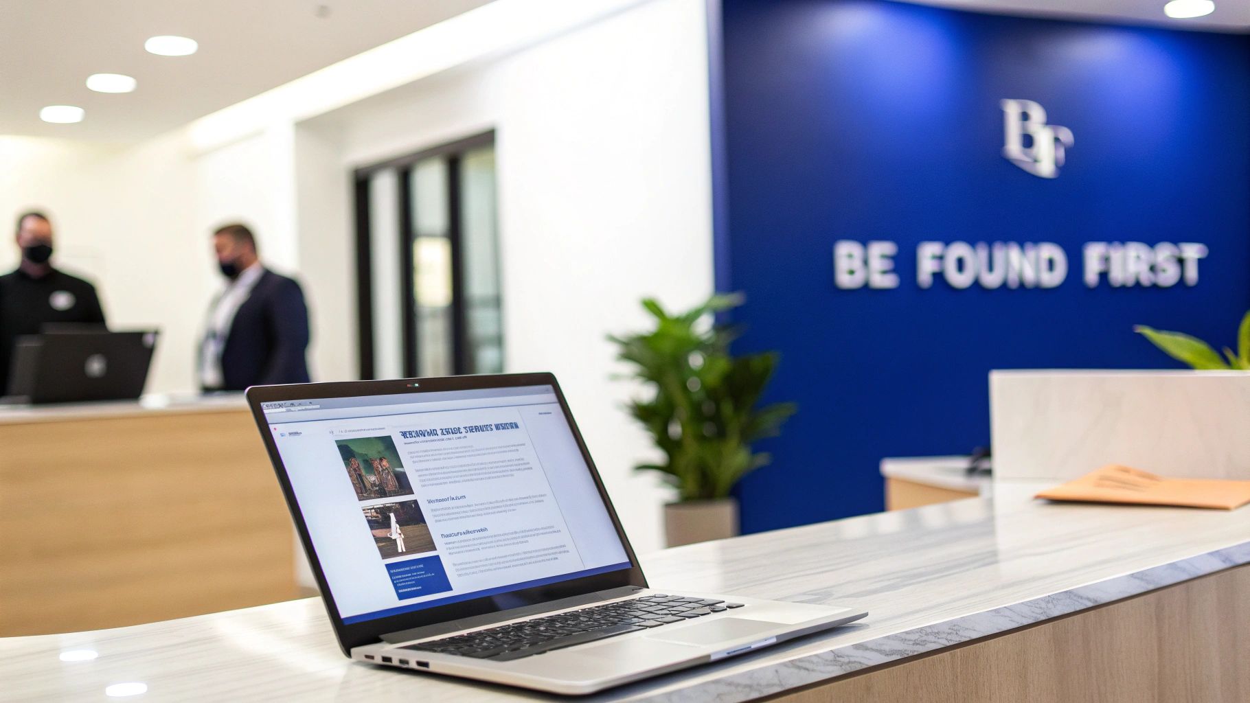 A laptop displays a webpage on a modern office counter with "BE FOUND FIRST" on a blue wall.