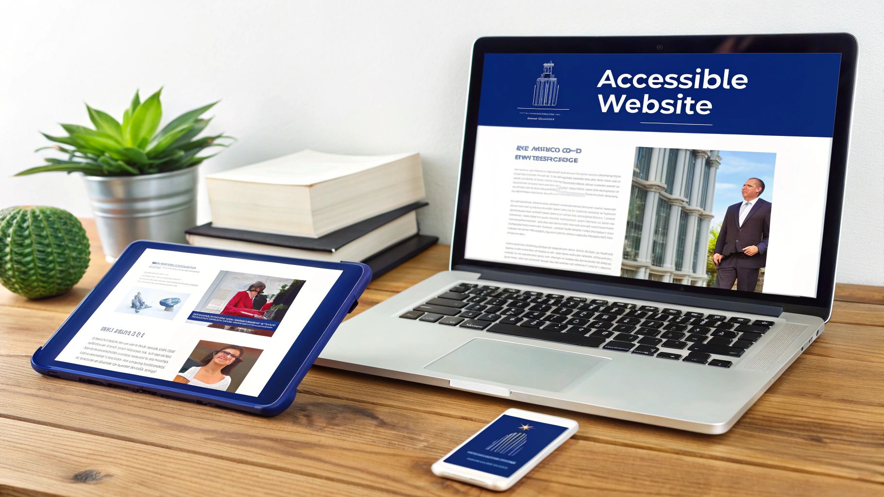 Digital devices (laptop, tablet, smartphone) displaying an accessible website, with plants and books on a wooden desk.