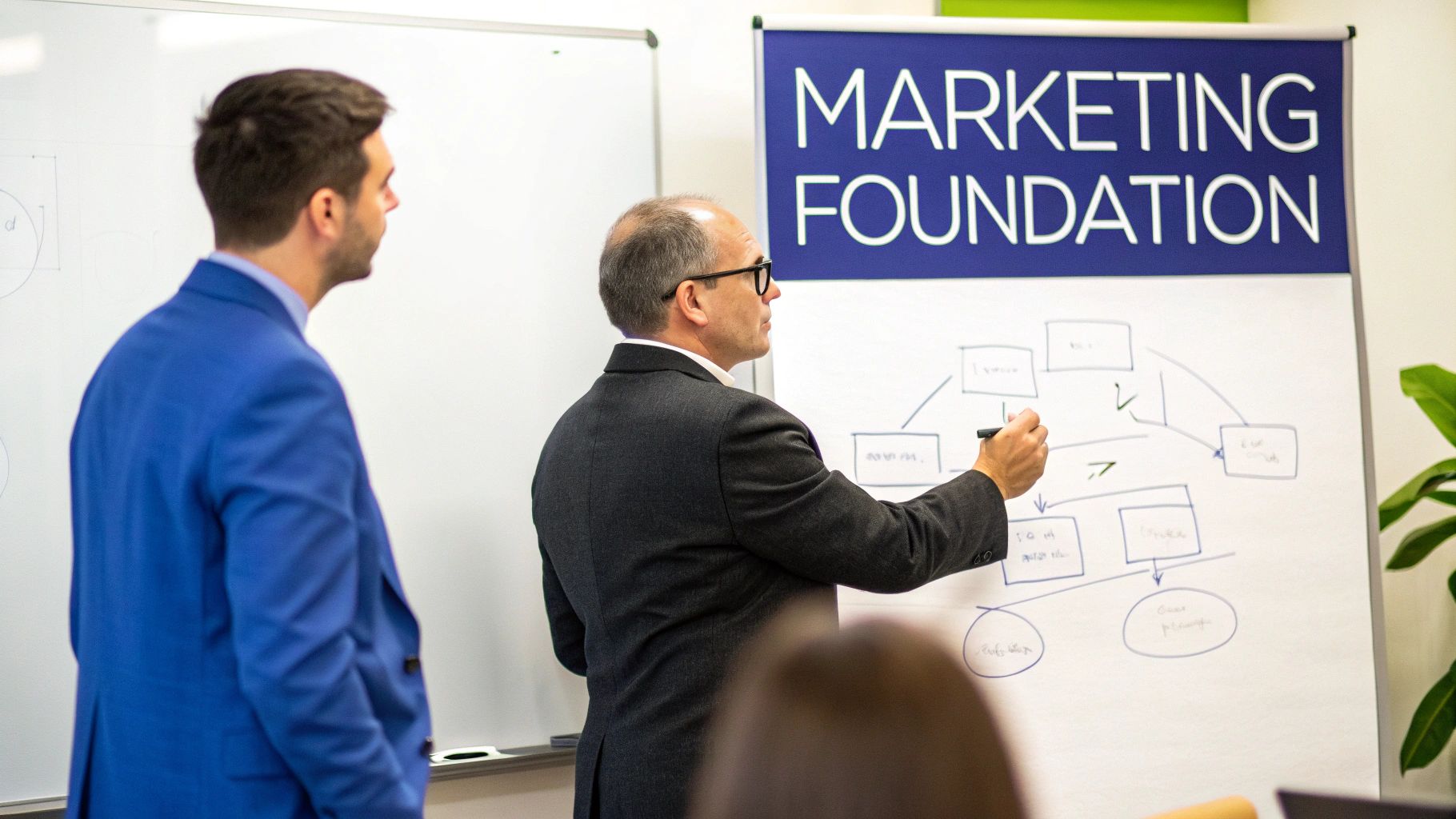 Two men in business attire, one writing a marketing strategy diagram on a whiteboard during a presentation.