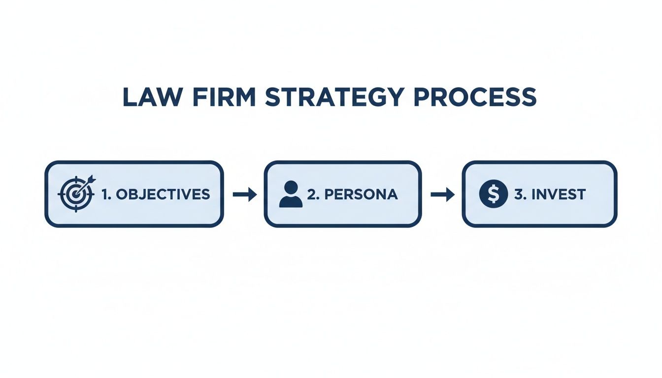 A flowchart detailing the law firm strategy process, showing steps: objectives, persona, and invest.