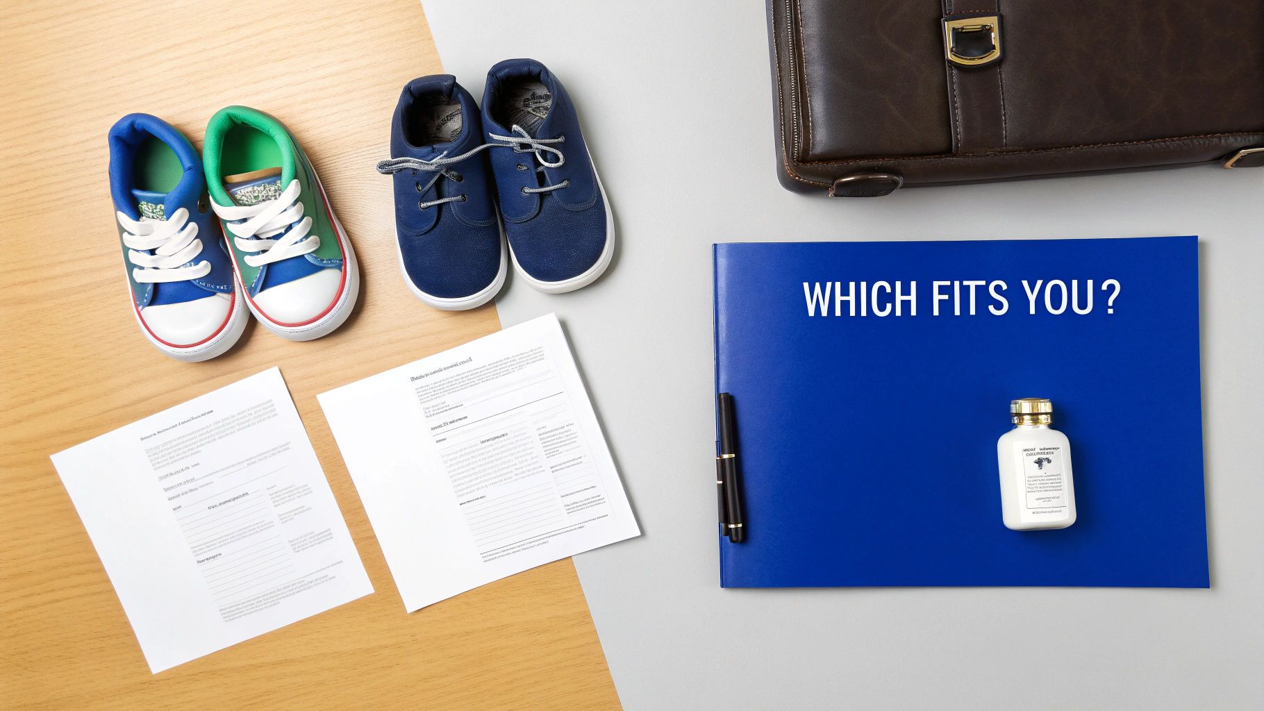 A flat lay showing child's sneakers, adult's shoes, legal documents, a briefcase, and a folder asking 'WHICH FITS YOU?'