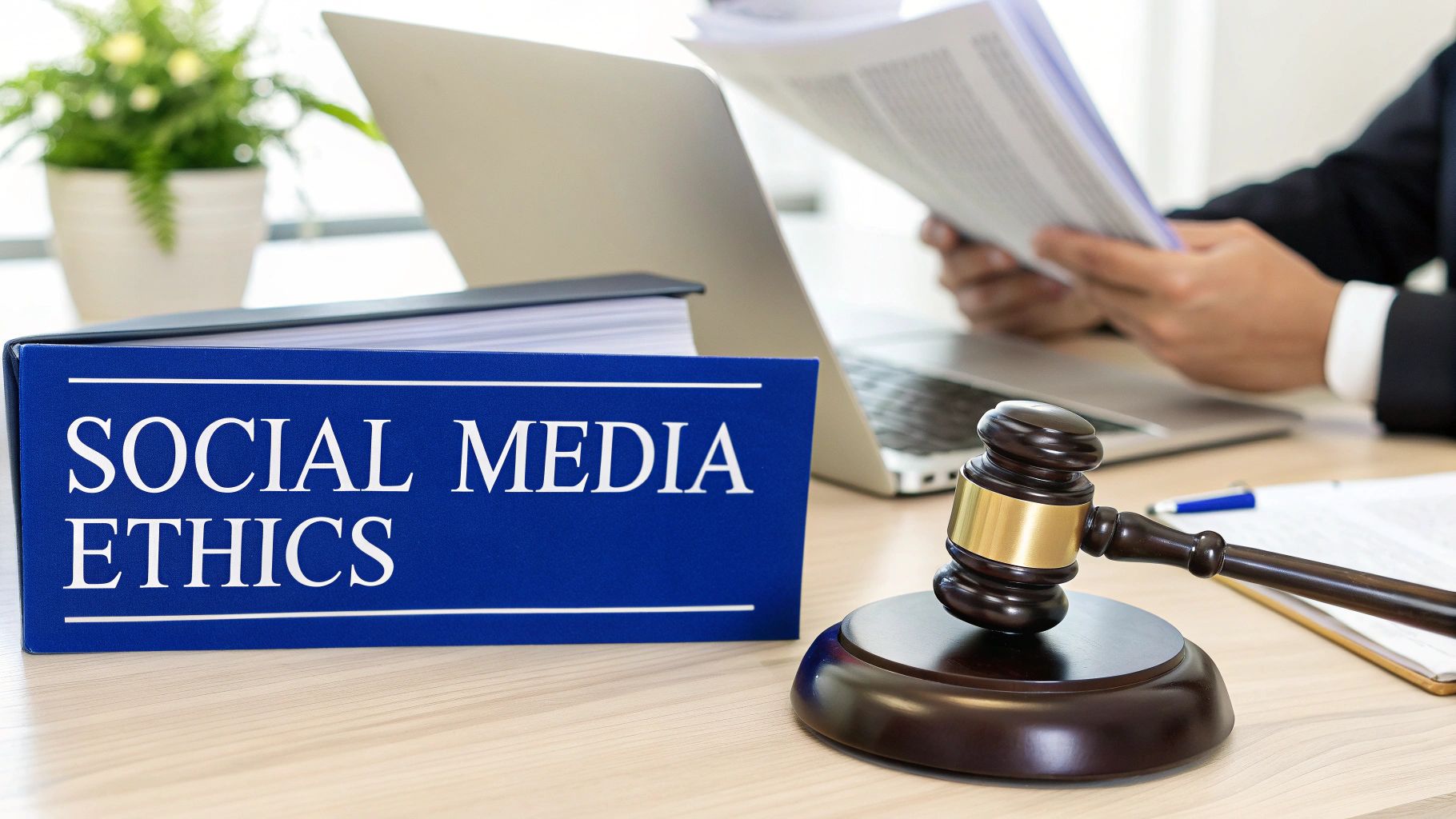 A balanced scale of justice resting on a laptop keyboard.