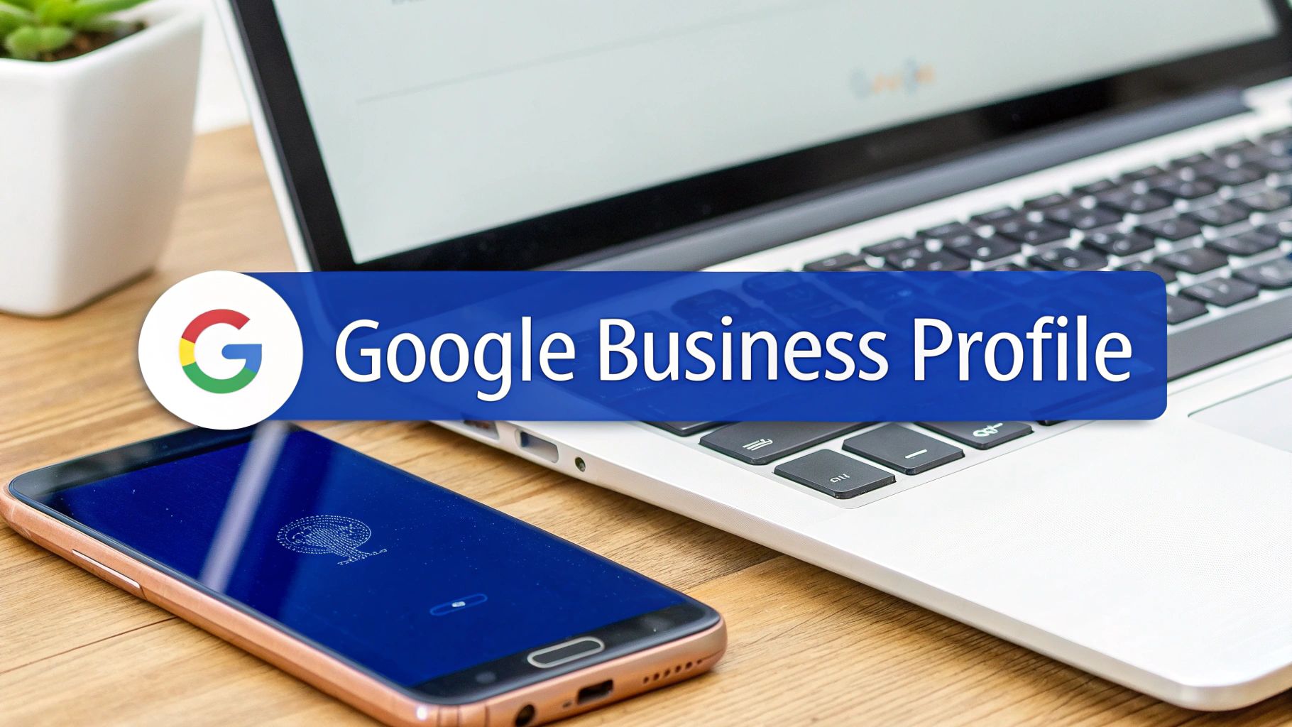 A Google Business Profile banner over a workspace with a laptop, smartphone, and plant.