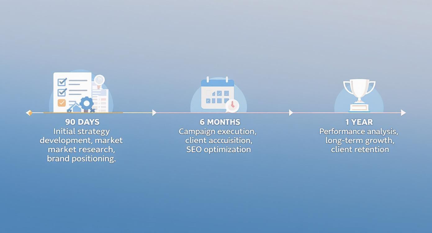 A marketing plan timeline illustrates initial strategy, campaign execution, and long-term growth over one year.
