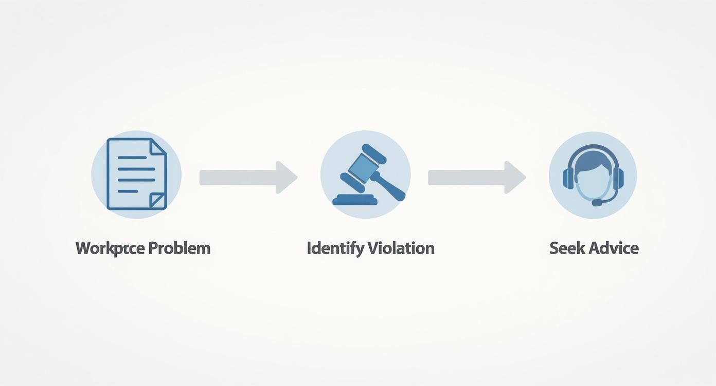 Three-step process flowchart showing workplace problem leading to identify violation then seek legal advice