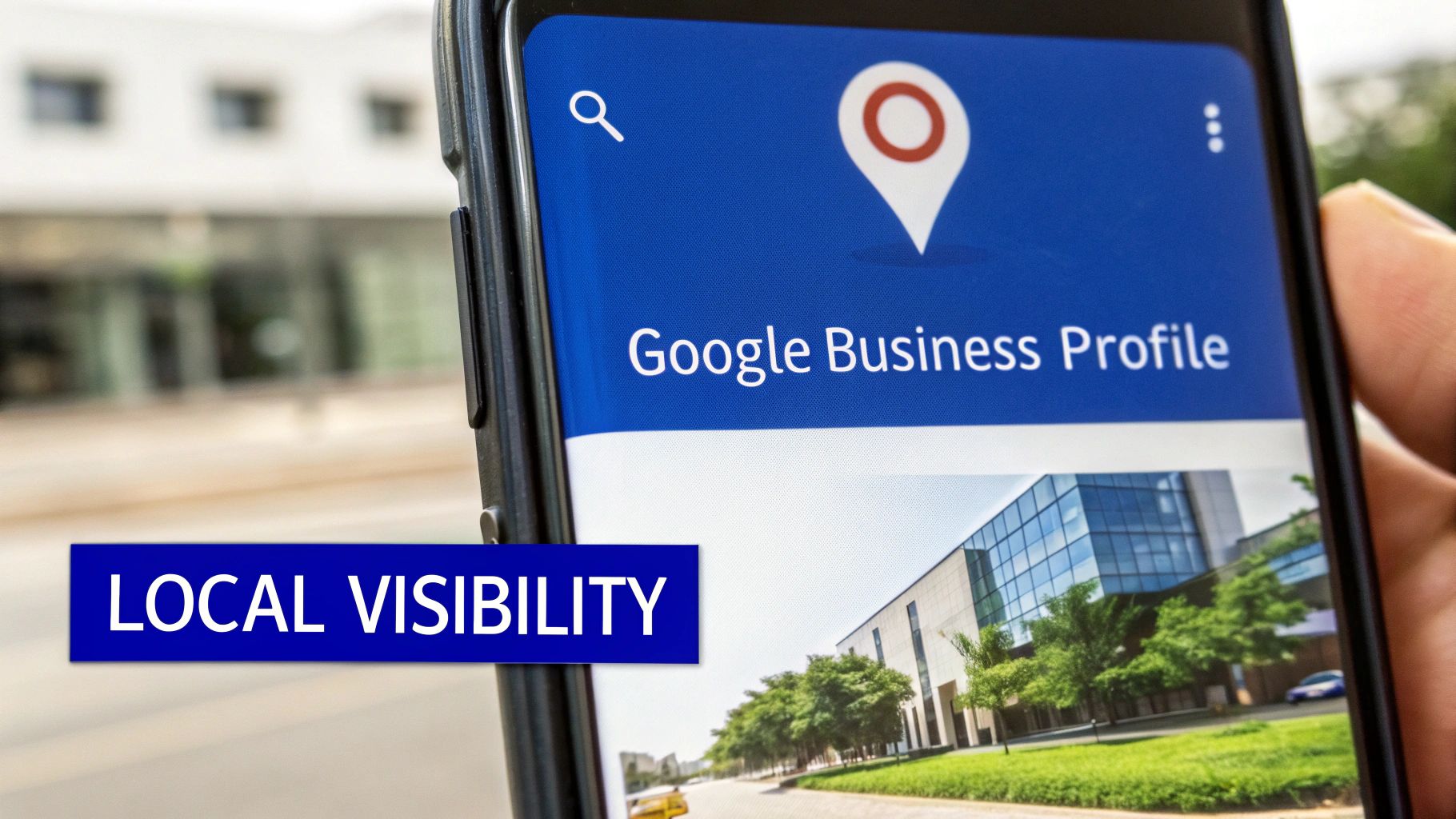 Smartphone displaying Google Business Profile app, emphasizing local visibility for businesses.