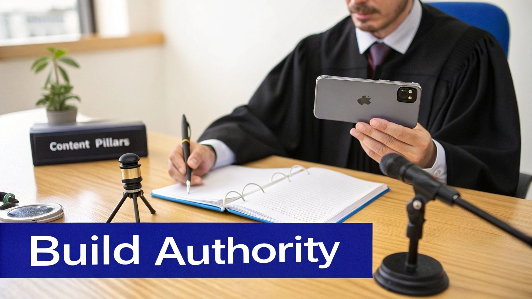 Lawyer reviewing content strategy on a tablet.