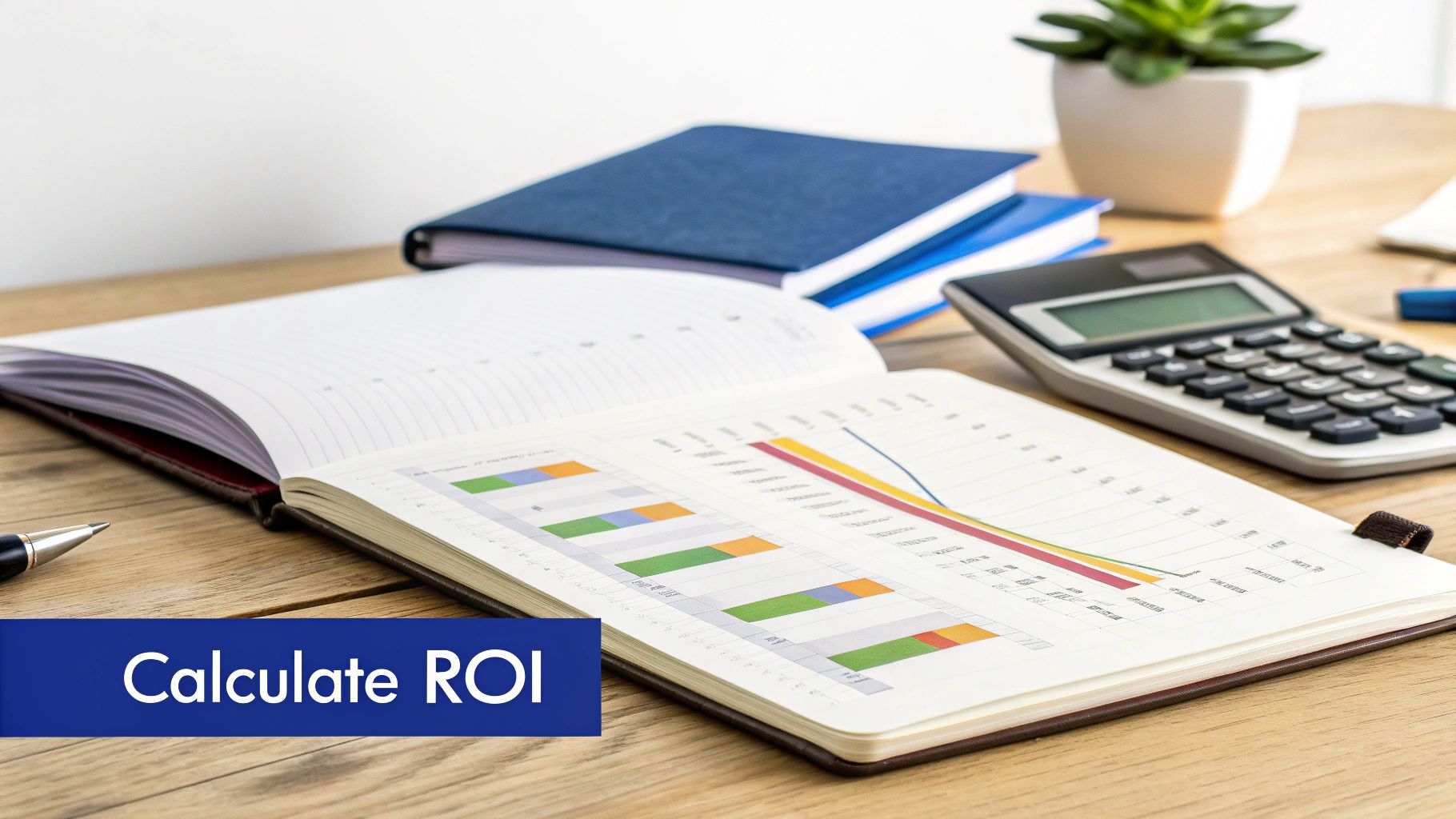 Notebook with financial charts, graphs, calculator and pen on a desk for ROI calculation.