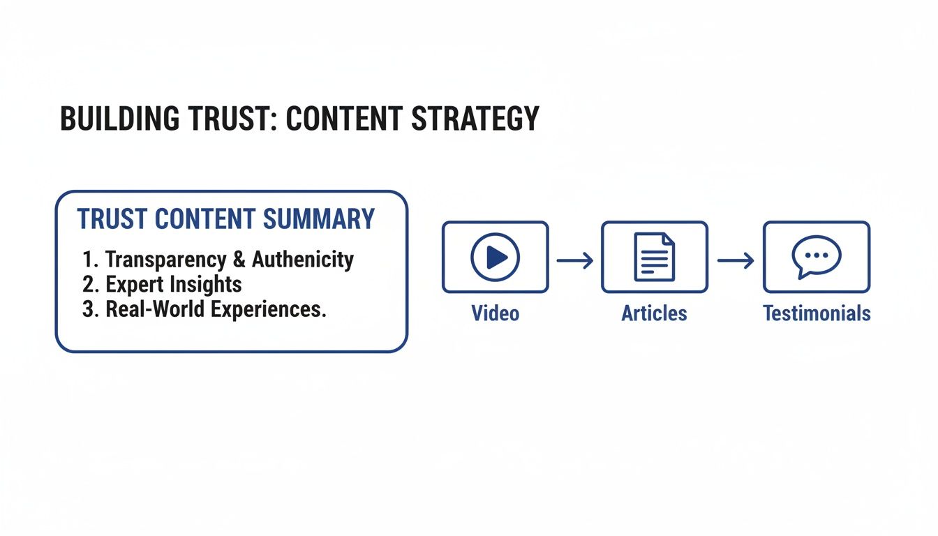 Flowchart showing content strategy for building trust through transparency, expert insights, and real-world experiences, utilizing video, articles, and testimonials.