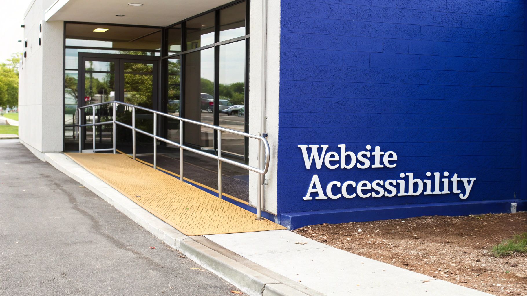 Building entrance with a yellow accessibility ramp and a blue wall stating 'Website Accessibility'.