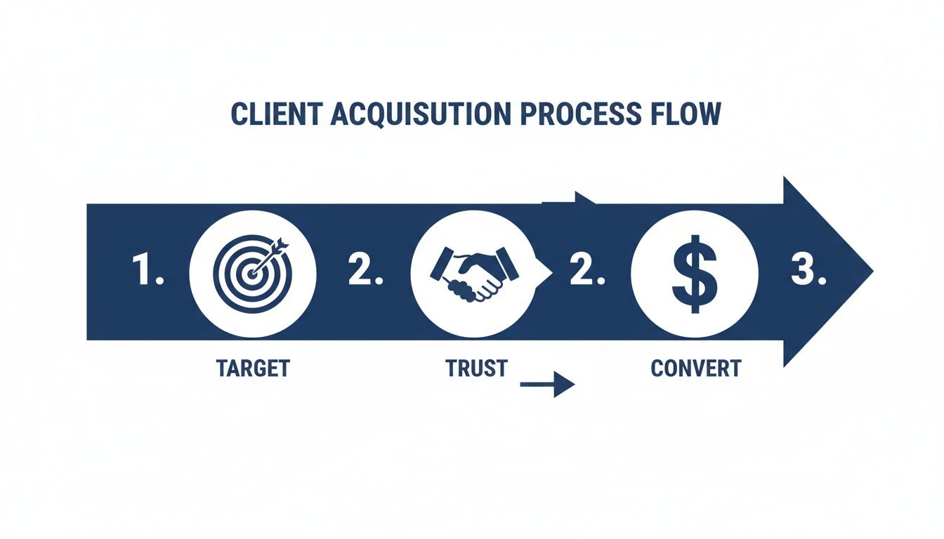 A client acquisition process flow diagram showing steps: 1. Target, 2. Trust, and 3. Convert.
