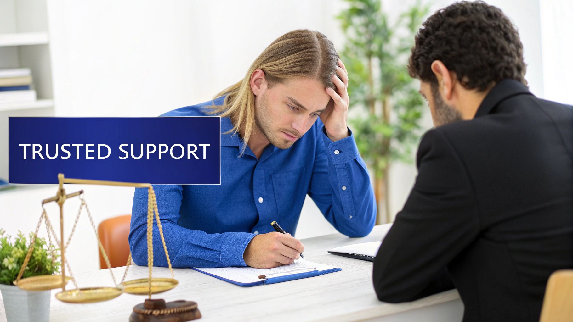 A man in distress signs documents during a legal consultation with a lawyer, with scales of justice on the table.