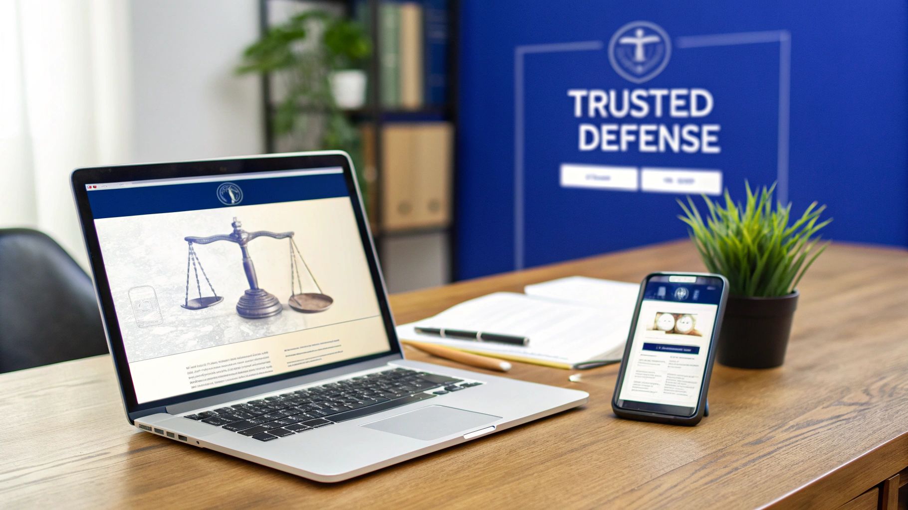 Laptop and smartphone displaying legal marketing websites with scales of justice, near a 'Trusted Defense' banner.