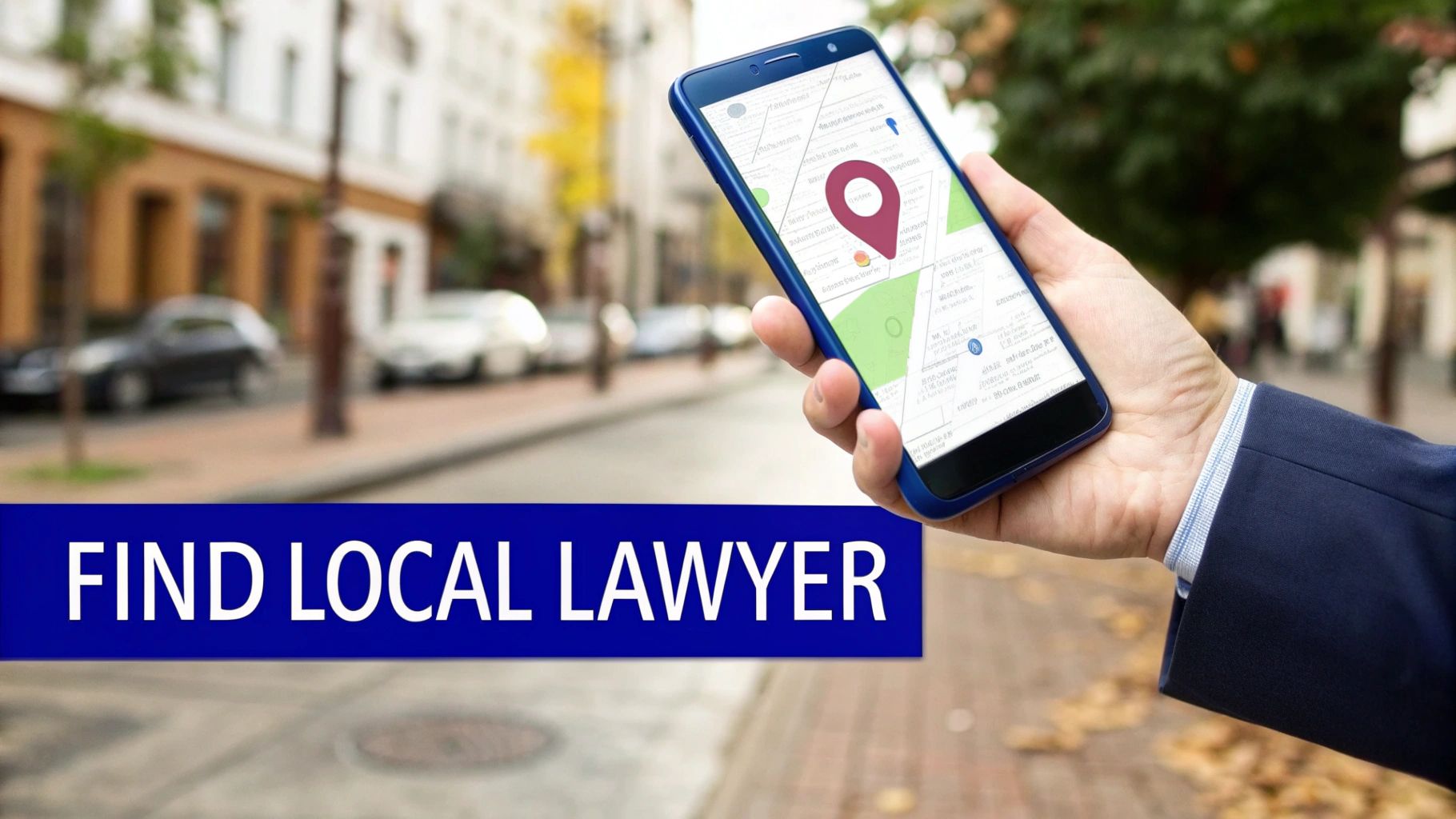 A hand holding a smartphone showing a map app with a location pin and the text 'FIND LOCAL LAWYER'.