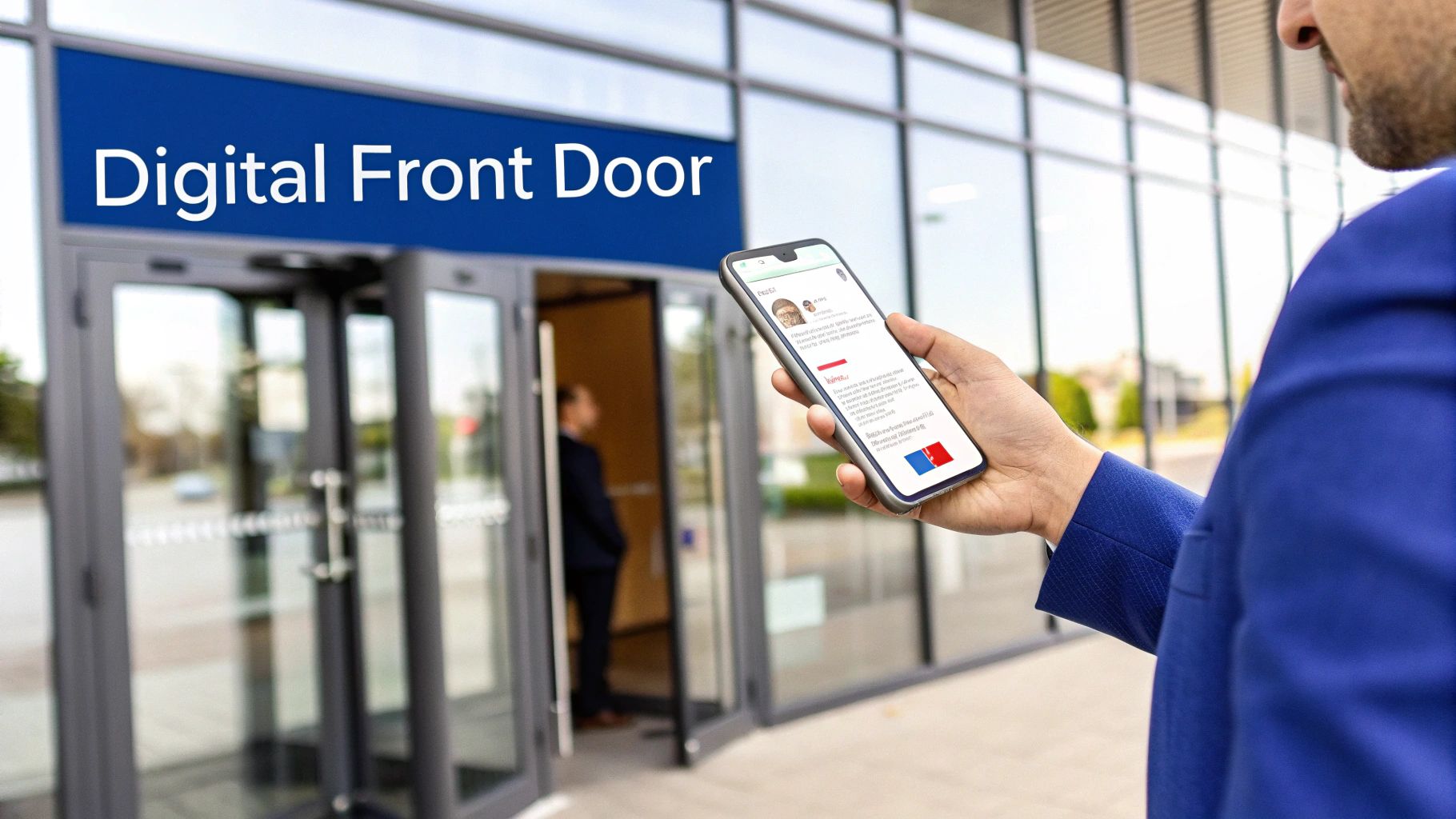 A person uses a smartphone app to access a modern building with a 'Digital Front Door' sign.