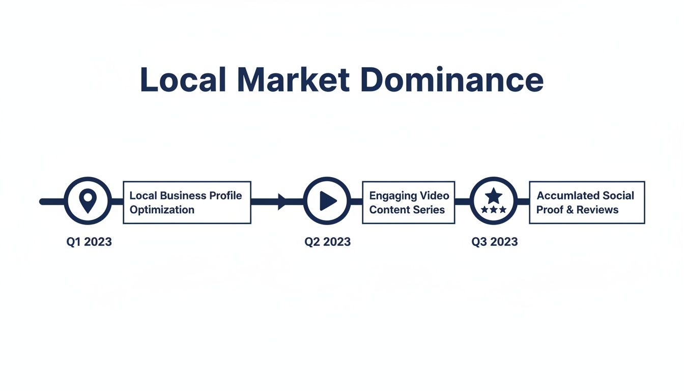 Winning Cases with Personal Injury Law Marketing 3 Timeline illustrating local market dominance strategy for 2023, featuring business optimization, video content, and social proof.