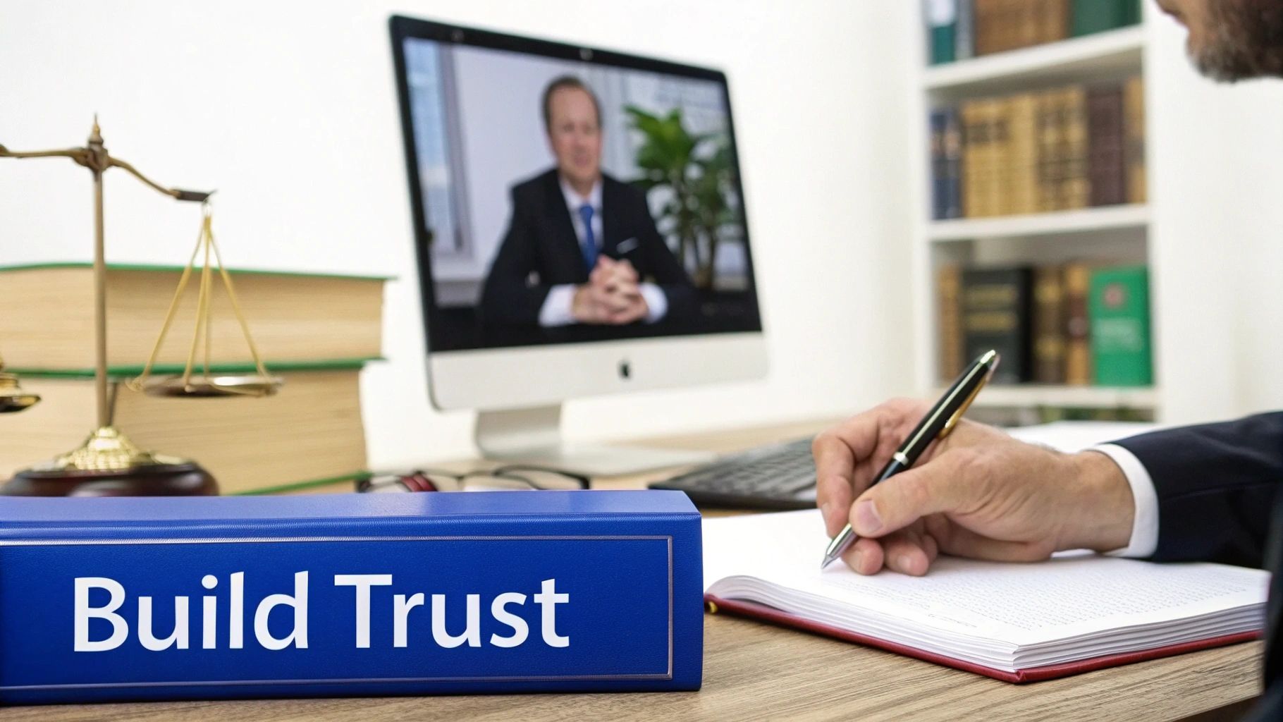 A legal professional takes notes during a video call, with a "Build Trust" binder, justice scales, and books.