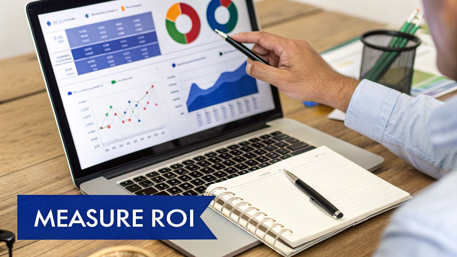 SEM for Lawyers a Guide to Winning Clients 3 A person's hand points at a laptop screen displaying business charts and graphs for ROI analysis.