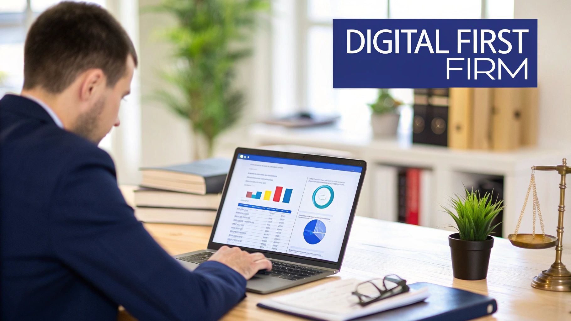 Man in a suit working on a laptop displaying financial charts at a 'Digital First Firm'.