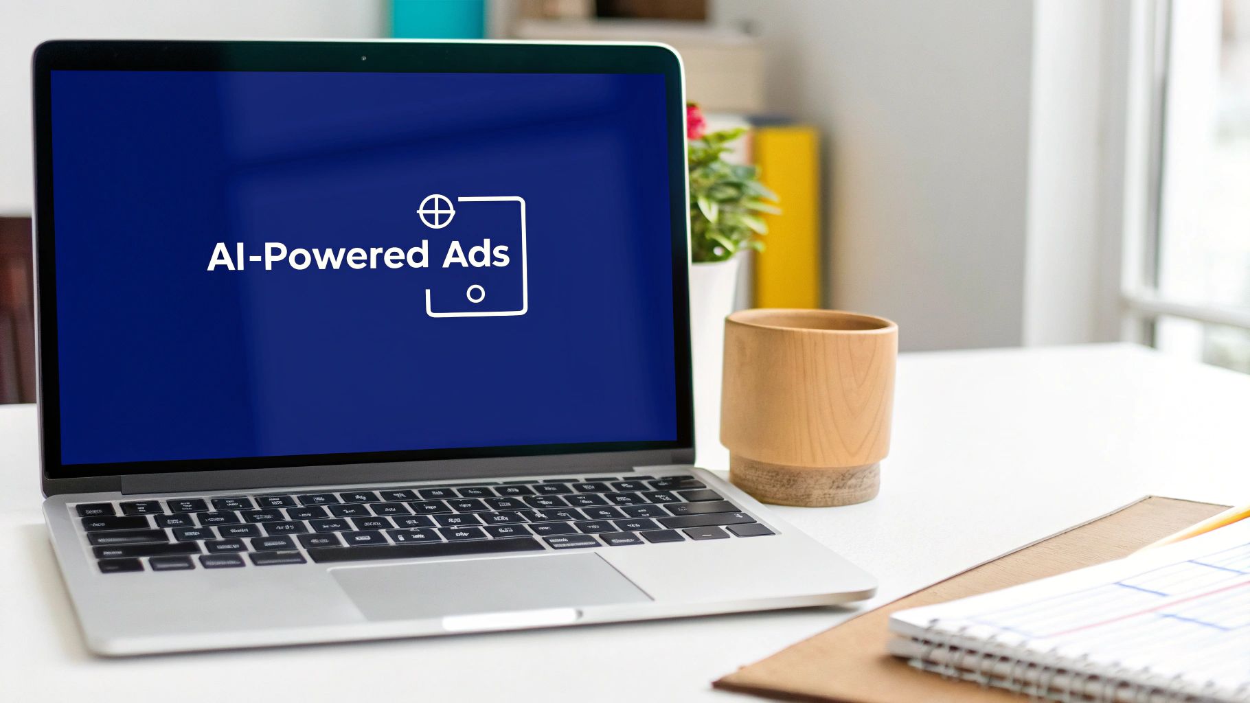 Laptop displaying AI-Powered Ads text on blue screen in modern office workspace