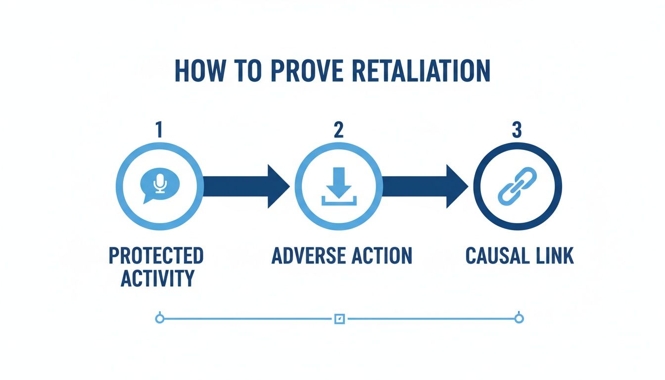 Flowchart showing three steps to prove retaliation: protected activity, adverse action, and causal link.