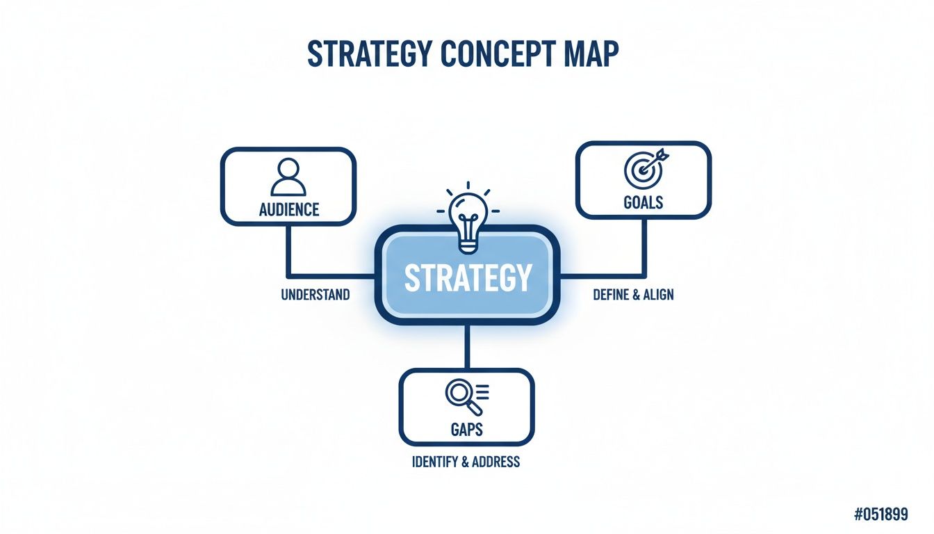 A strategy concept map infographic detailing understanding audience, defining goals, and addressing gaps.
